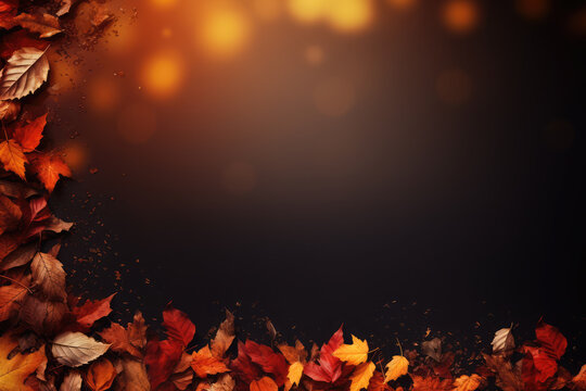 Tree different colorful leaves like a frame for copy space on a blurred orange and brown background.