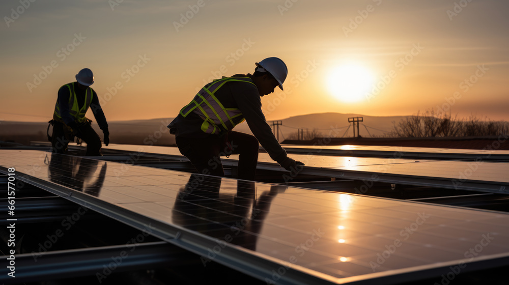 Wall mural engineers check the performance of solar panels before sunset.