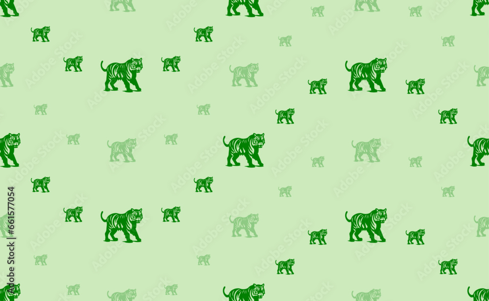 Sticker seamless pattern of large and small green tiger symbols. the elements are arranged in a wavy. vector