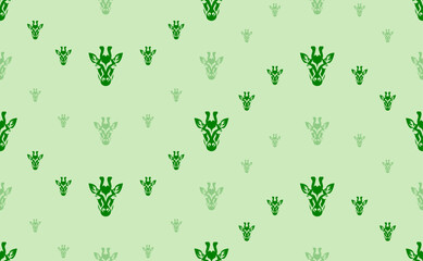 Seamless pattern of large and small green giraffe head symbols. The elements are arranged in a wavy. Vector illustration on light green background