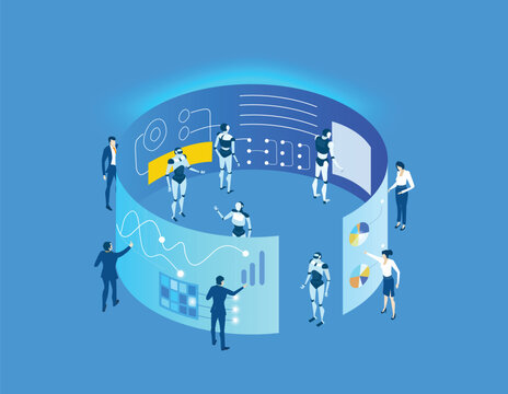 Business people working together with robots. Isometric business environment. Business management infographic. 