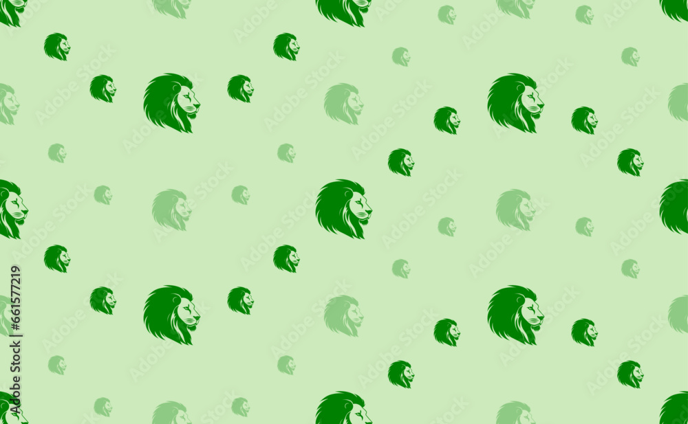 Poster seamless pattern of large and small green lion head icons. the elements are arranged in a wavy. vect