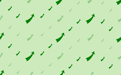 Seamless pattern of large and small green up arrows. The elements are arranged in a wavy. Vector illustration on light green background