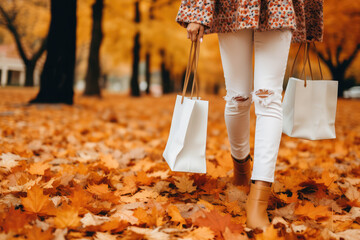 Young woman holding paper shopping bag in autumn park in nature.