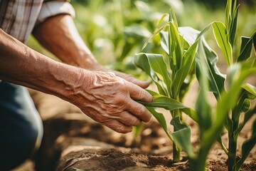 The farmer examining of corn on green farm at sunset, AI Generated