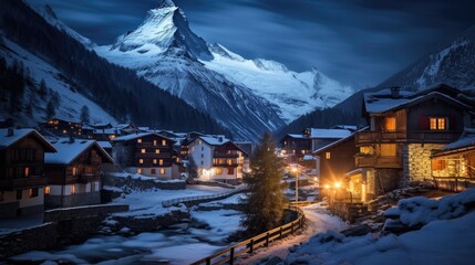 Mountain village magic. A serene night view of a cozy village nestled amidst the breathtaking mountains.