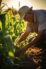 Naklejka na ściany i meble The farmer examining of corn on green farm at sunset, AI Generated