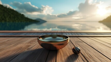 Naklejka premium Singing bowl placed on wooden pier.Generative AI