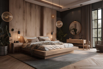 Boho style bedroom interior with wooden wall and floor