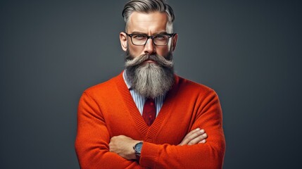 A brutal gray-haired middle-aged man with a fine haircut, beard and mustache. Stylish barbershop guy. Illustration for cover, card, postcard, interior design, banner, poster, brochure or presentation. - obrazy, fototapety, plakaty