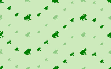 Seamless pattern of large and small green frog symbols. The elements are arranged in a wavy. Vector illustration on light green background