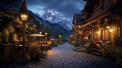 Mountain village magic. A serene night view of a cozy village nestled amidst the breathtaking mountains.