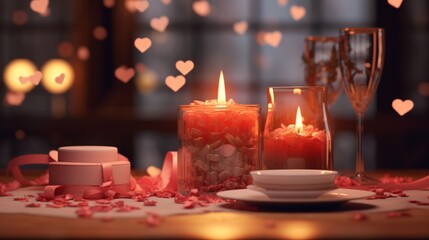 Valentine Dinner on Table in a Candle.Generative AI
