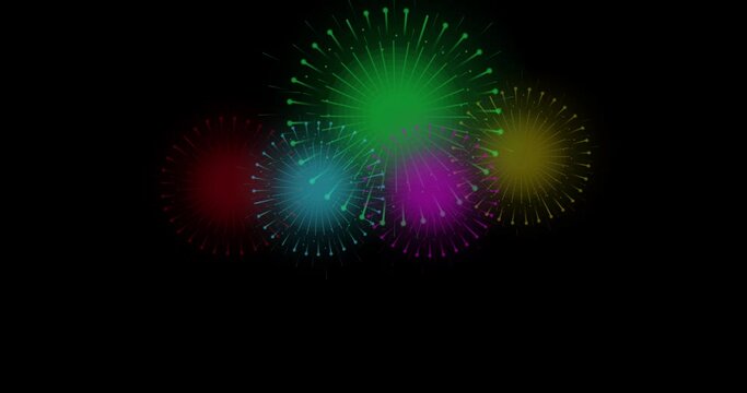 Animated motion graphic of multicolored fireworks on black background.