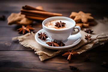 White cup of coffee on a plate on a piece of linen with cinnamon on wooden dark background.