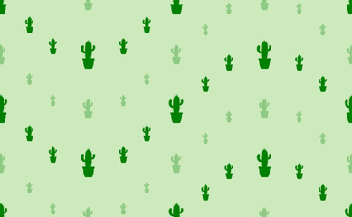 Seamless pattern of large and small green cactus symbols. The elements are arranged in a wavy. Vector illustration on light green background