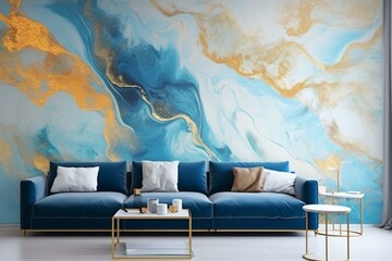 Fluid art modern wallpaper with a blue and gold marble background. Generative AI