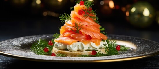 Festive Xmas snack canape with salmon cream cheese dill horseradish pate and red caviar With copyspace for text - obrazy, fototapety, plakaty