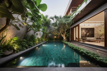 An alluring residence featuring a stunning pool environment. Generative AI