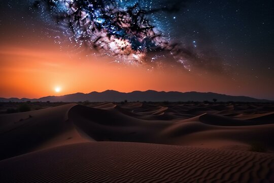 Beautiful desert landscape featuring undulating sand dunes and a warm gradient starry sky at sunrise. Generative AI