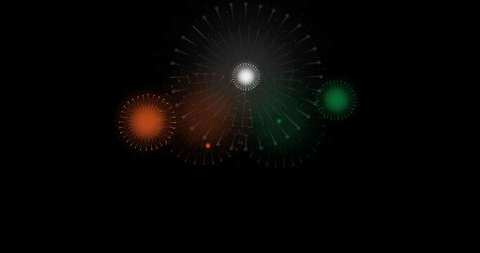 Beautiful fireworks in Indian national flag colors on black background. for Happy Independence Day, Happy Republic Day, Motion Animation.