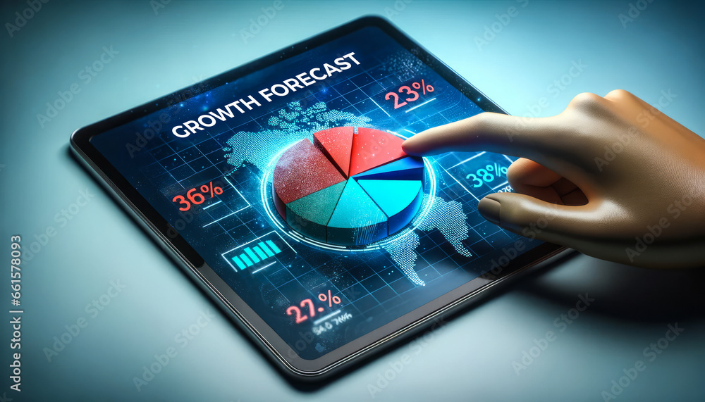 Poster 3d illustration of a pie chart on a digital tablet screen with 'growth forecast' as the heading. fin
