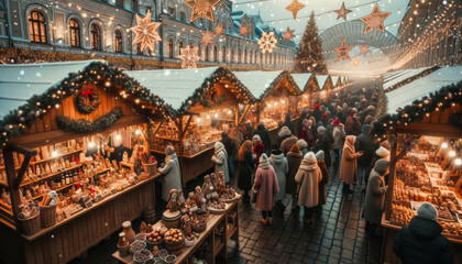 Photo of a festive market in 2024, bustling with shoppers, wooden stalls selling handcrafted gifts,...