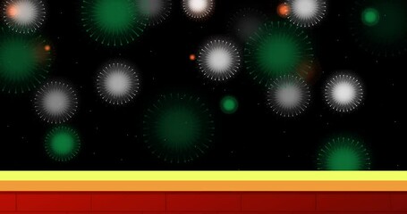 Animated motion graphic of fireworks in Indian national flag colors on black background with wall space in the foreground. for Happy Independence Day, Happy Republic Day.
