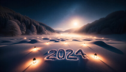 Photo of a serene snowy landscape at midnight with '2024' written in the snow, illuminated by the...