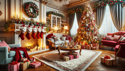Fototapeta na wymiar Photo of a cozy living room on Christmas Eve 2024, with a grand fireplace, stockings hanging, a beautifully decorated Christmas tree, and presents wrapped in vibrant paper