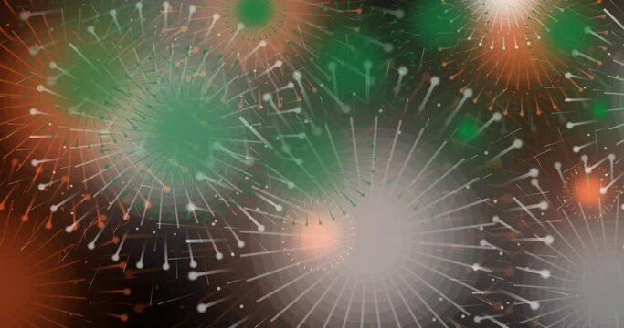 Animated motion graphic of fireworks in Indian national flag colors on black background. for Happy Independence Day, Happy Republic Day.