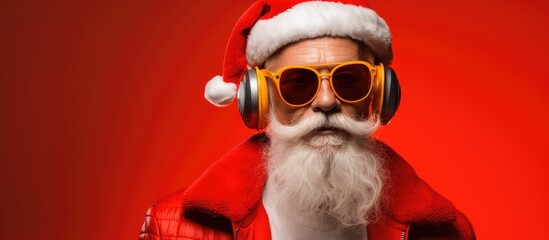 Funky Santa Claus wearing sunglasses dancing to Christmas music isolated on a bright colorful...