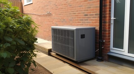 An exterior installation of an air source heat pump at a recently constructed residential development, providing an eco-friendly heating solution