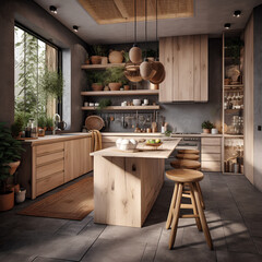 Eco style kitchen interior with simple rough wooden furniture