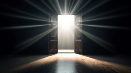 A dimly lit room with light streaming in through an open door, symbolizing new opportunities, hope, the ability to overcome challenges, and the concept of finding solutions