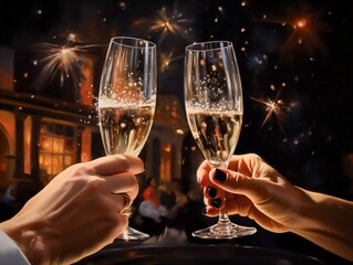 A traditional New Year's toast with champagne and sparkling fireworks in the background, AI generator