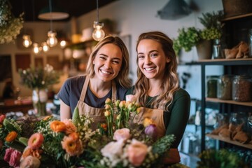 Two happy and smiling young woman florist working together in flower shop. AI Generated