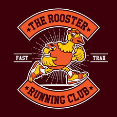 The Rooster Mascot Character Design with Hand Drawing Vector Illustration in Patch Design Running Club