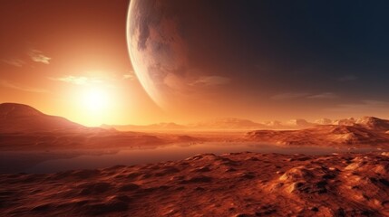 A high-resolution photograph of Mars, one of the celestial bodies in our solar system, showcasing a picturesque sunrise with the addition of a lens flare effect. Notably, elements of this image have