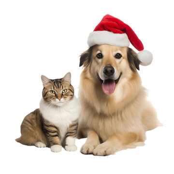 happy dog and cat isolated on transparent background wearing a christmas hat	