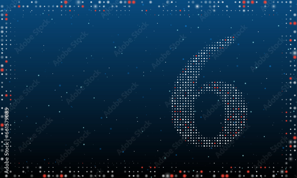 Poster on the right is the number six symbol filled with white dots. pointillism style. abstract futuristic