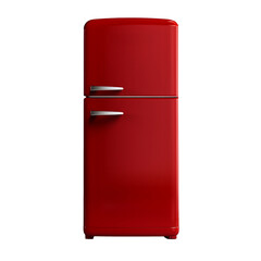 Candy apple red 1950s vintage refrigerator freezer on a white background.  Retro front facing kitchen appliance.  