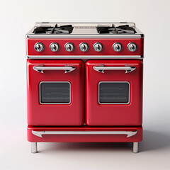 Candy apple red 1950s vintage oven stove on a white background.  Retro kitchen appliance.  
