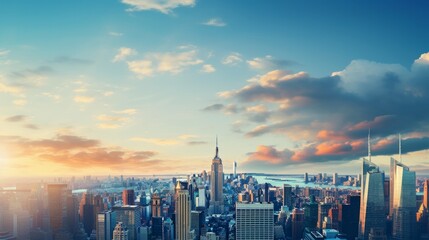 Fototapeta premium A panoramic view of the New York City skyline at sunrise, highlighting the towering office buildings and skyscrapers in Manhattan during the early morning hours
