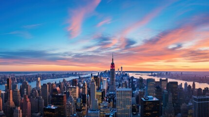 A panoramic view of the New York City skyline at sunrise, highlighting the towering office buildings and skyscrapers in Manhattan during the early morning hours