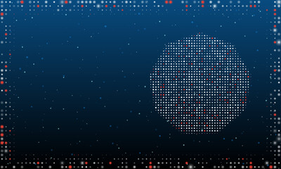 On the right is the nonagon symbol filled with white dots. Pointillism style. Abstract futuristic frame of dots and circles. Some dots is red. Vector illustration on blue background with stars