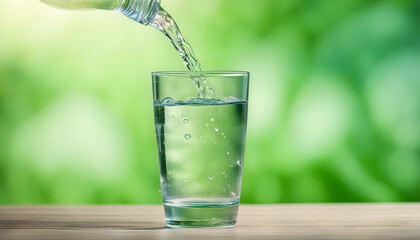 The glass of cool fresh water on natural green background