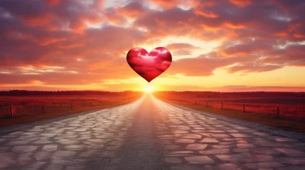 Papier Peint photo Orange A picturesque scene featuring a red heart-shaped sky during sunset, set against a beautiful landscape with a winding road and fluffy clouds. This evocative image serves as a love-themed background