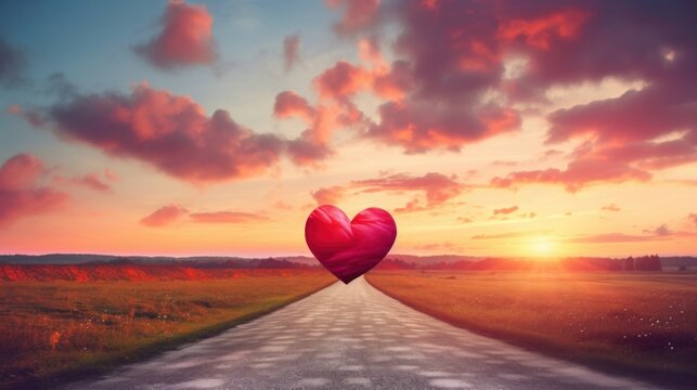 A picturesque scene featuring a red heart-shaped sky during sunset, set against a beautiful landscape with a winding road and fluffy clouds. This evocative image serves as a love-themed background