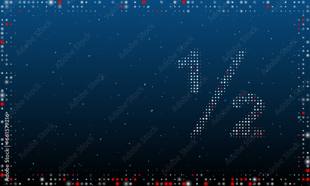 Poster on the right is the half fraction symbol filled with white dots. pointillism style. abstract futuris
